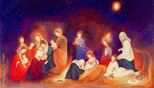 Abstract Christmas nativity scene of born child baby Jesus Christ in the manger. Generative AI