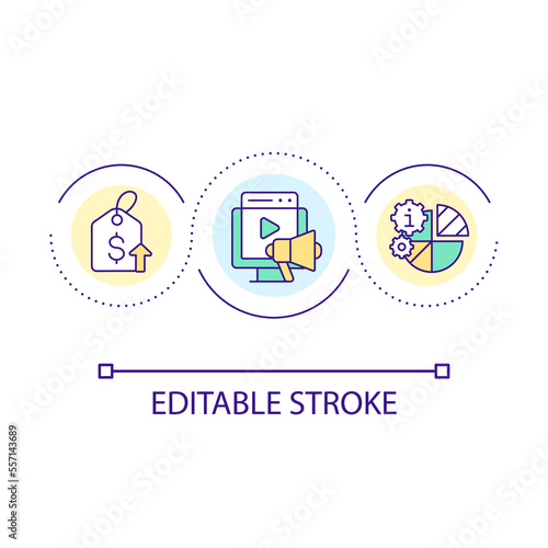 Promote expensive product loop concept icon. Social media advertising. Increasing prices abstract idea thin line illustration. Isolated outline drawing. Editable stroke. Arial font used