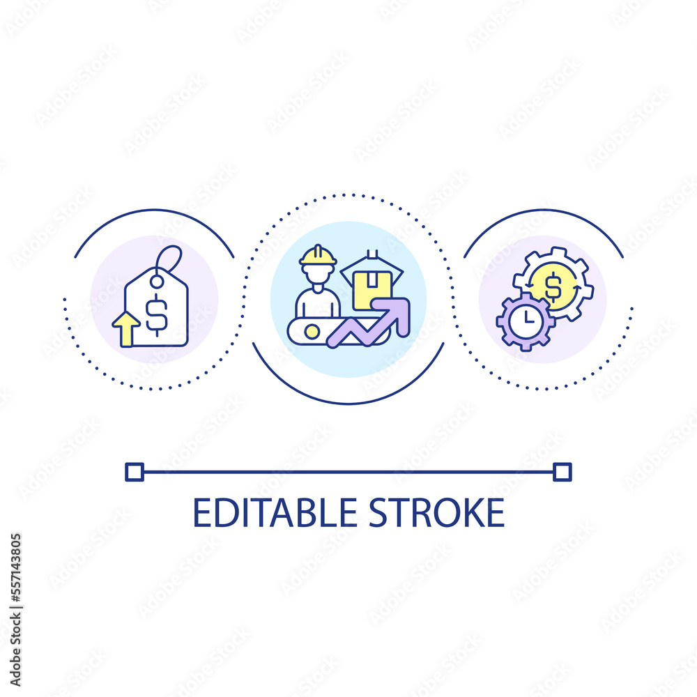 Rising production costs loop concept icon. Increasing prices reason. Manufacturing expenditures abstract idea thin line illustration. Isolated outline drawing. Editable stroke. Arial font used
