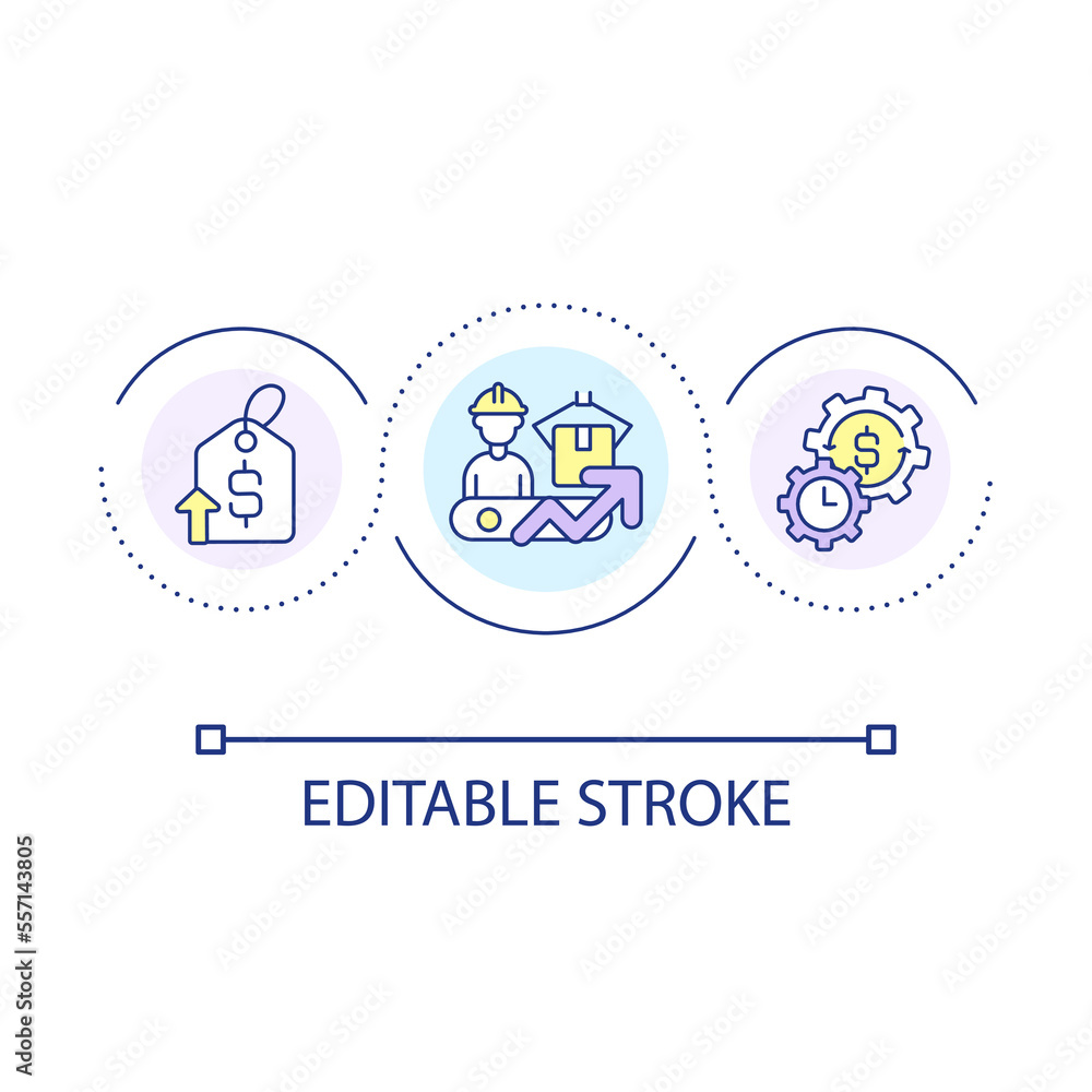 Rising production costs loop concept icon. Increasing prices reason. Manufacturing expenditures abstract idea thin line illustration. Isolated outline drawing. Editable stroke. Arial font used Rising production costs loop concept icon. Increasing prices reason. Manufacturing expenditures abstract idea thin line illustration. Isolated outline drawing. Editable stroke. Arial font used