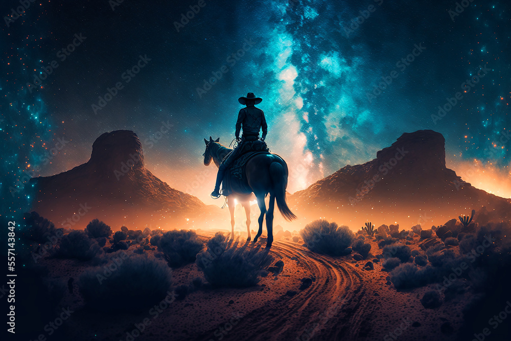 Western Cowboy riding his horse at night under the milky way galaxy. Generative AI	