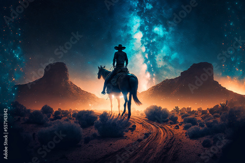 Western Cowboy riding his horse at night under the milky way galaxy. Generative AI 
