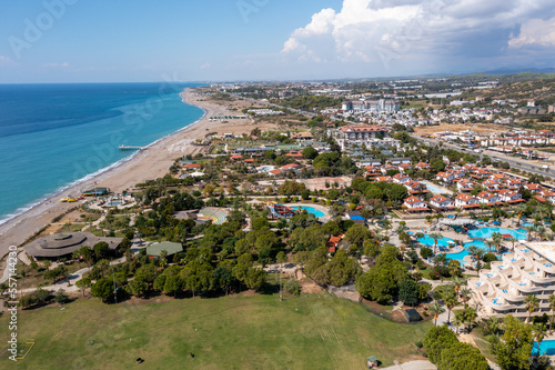 Fototapeta Naklejka Na Ścianę i Meble -  Summer vacation on beach, Hotels sea, beach, coast, water sports and Sun, Manavgat holiday tourist region. Drone Aerial view. Mediterranean, Örenşehir, Manavgat -TURKEY 