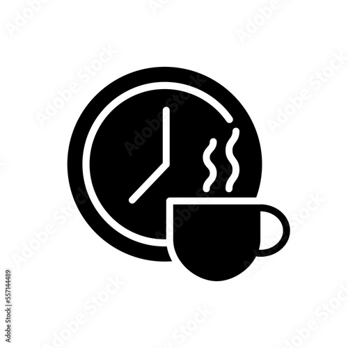Break time black glyph icon. Scheduled period for employee lunch. Non-productive time. Nounbreak for coffee. Silhouette symbol on white space. Solid pictogram. Vector isolated illustration