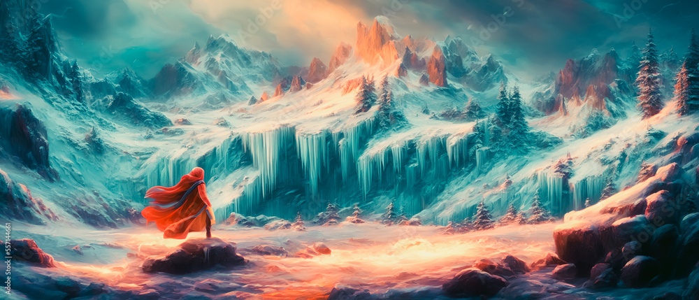 A stunning painting of a frozen waterfall in a snowy mountain range. The image captures the icy beauty of winter and conveys a sense of solitude. Generative AI