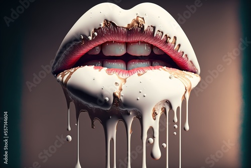 white dripping from woman's lips. Generative AI photo