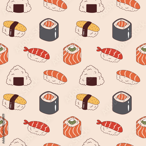 Vector seamless pattern with sushi and onigiri. Background with sake sushi, ebi nigiri, philadelphia and maki sushi roll. Asian food.