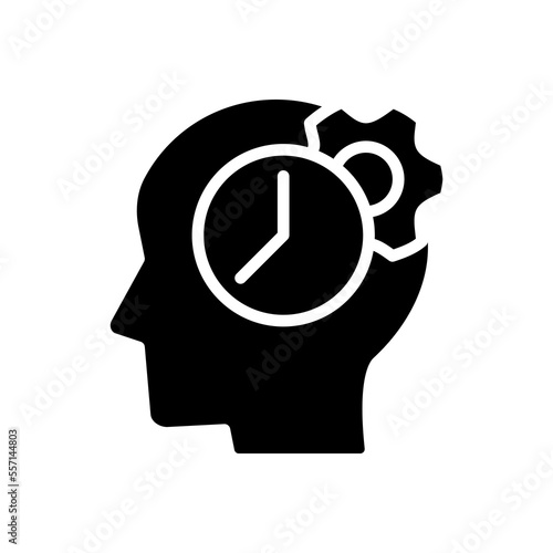 Time for thinking process black glyph icon. Synchronizing biological clock. Keep learning. Generating new ideas. Silhouette symbol on white space. Solid pictogram. Vector isolated illustration