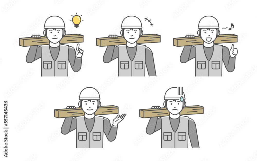 Young asian carpenter vector illustration set Young asian carpenter vector illustration set