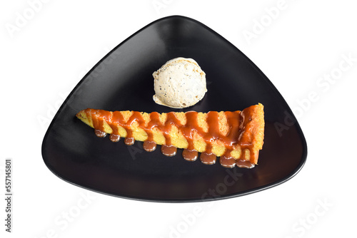 Tlatelolco cake or Corn cake with coffee ice cream on white background side view photo