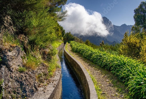View from Levada do Norte on the portuguese island of Madeira. Spring in Madeira. Levada irrigation canal. Hiking in Madeira. 