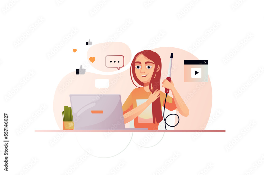 Video blogging orange concept with people scene in the flat cartoon design. Blogger tells in her new video how to do hair correctly. Video blogging orange concept with people scene in the flat cartoon design. Blogger tells in her new video how to do hair correctly.