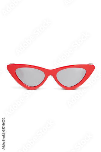 Close-up shot of cat eye sunglasses with gray lenses. Sunglasses with wide temples and a red frame are isolated on a white background. Front view.