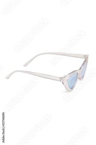 Close-up shot of cat eye sunglasses with blue lenses. Sunglasses with wide temples and a clear frame are isolated on a white background. Side view.
