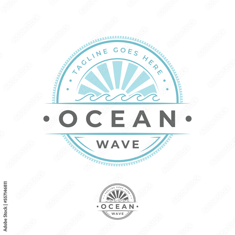 Obraz premium Ocean wave logo with sunshine icon, wave logo emblem circle with sunlight icon