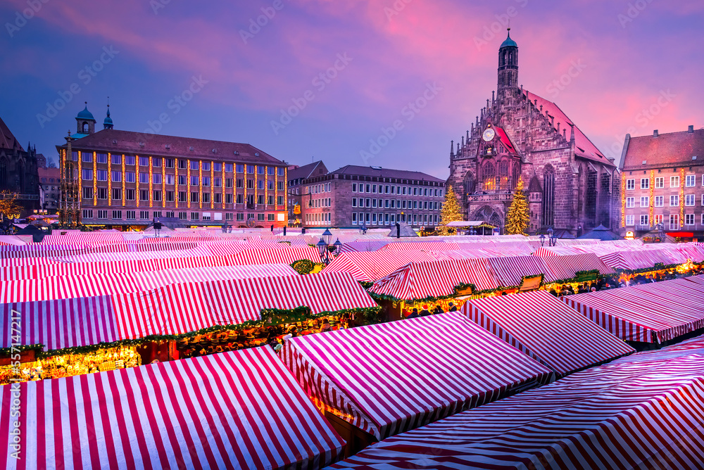 Nuremberg, Germany. Christkindlesmarkt one of the oldest Christmas markets. Bavaria touristic background.