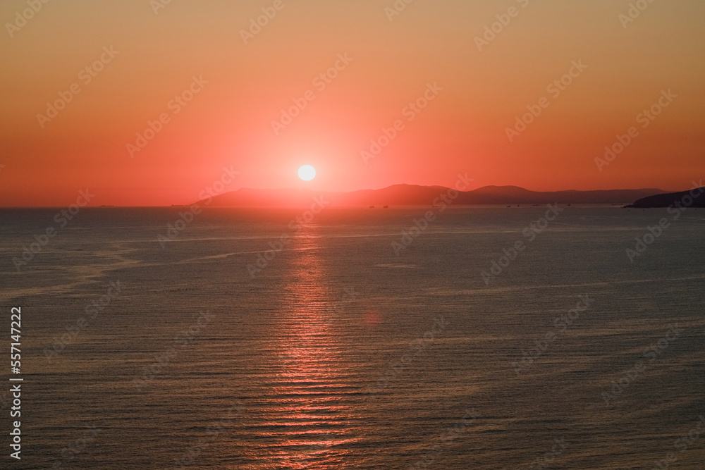  Sunrise in the morning over the sea shining crimson lights on sky and sea water surface with a bird flying in the sky. High quality photo