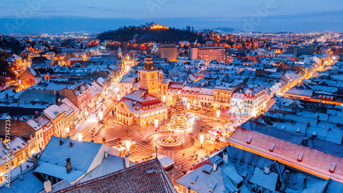 Brasov, Romania - Transylvania winter scenic landscape with Christmas Market