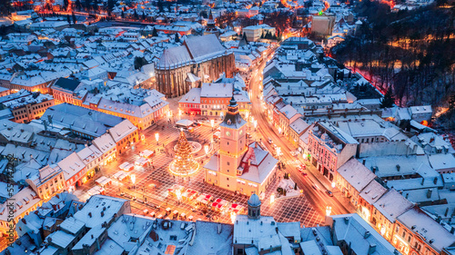 Brasov, Romania - Transylvania winter scenic landscape with Christmas Market in Main Square