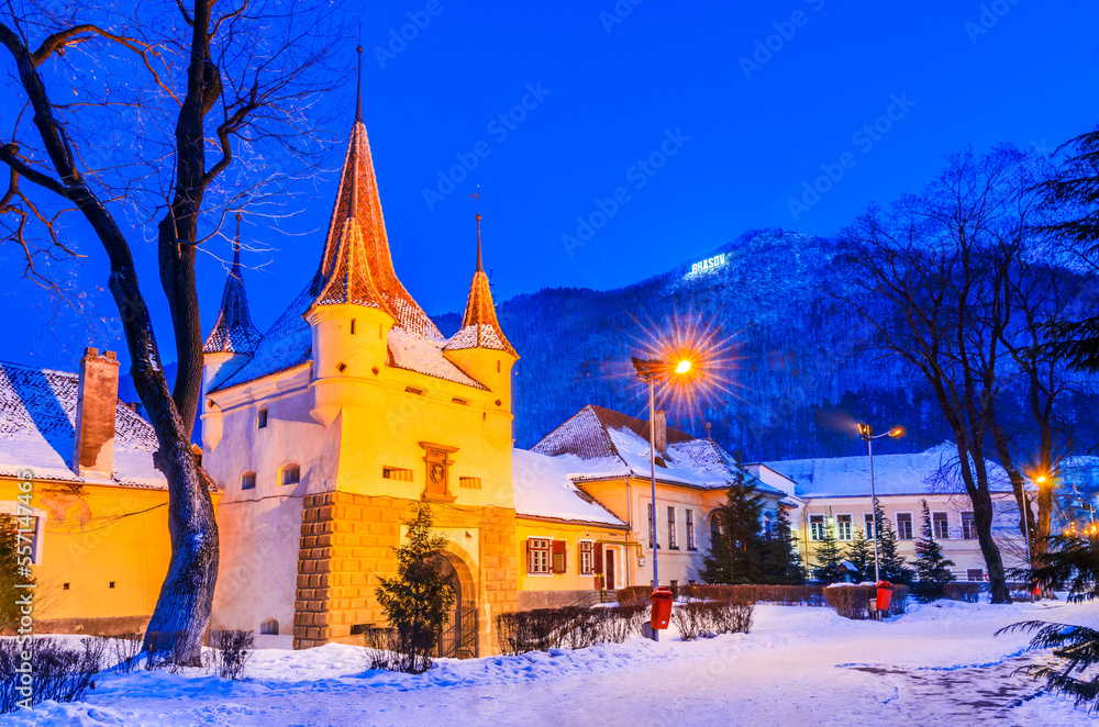 Brasov, Romania. Catherine's Gate, medieval city walls, Transylvania travel landmark.