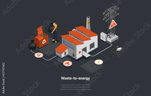 Zero Waste, Recycling Garbage Into Energy, Rubbish Separation Concept. Worker Collecting, Sorting Garbage. Junk Recycling At Waste Recycling Factory Or Plant. Isometric 3d Cartoon Vector Illustration