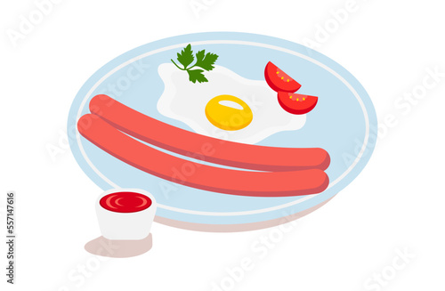 A dish of fried eggs with sausages, tomatoes and ketchup. Flat style vector
