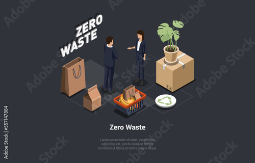 Zero Waste, Eco-Friendly, Recycling Garbage Process Concept. Grocery Items From Zero Waste Shops As Natural. People Using Paper Bags From Recycled Garbage. Isometric 3d Cartoon Vector Illustration