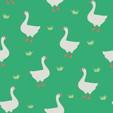 Vector seamless pattern with domestic cartoon geese on green background. Farm animals, cute goose, perfect for prints.