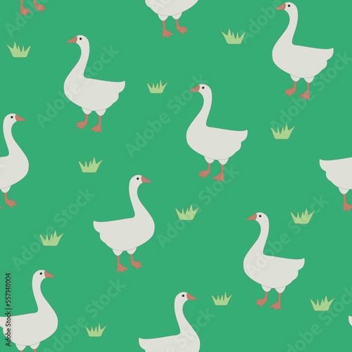 Vector seamless pattern with domestic cartoon geese on green background. Farm animals, cute goose, perfect for prints.