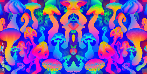 serie di colorati funghi psichedelici con colori vibranti ispirati agli anni 60 creato con intelligenza artificiale, AI photo