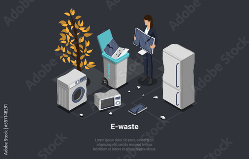 Zero Waste, Reuse, Eco-Friendly, Segregation, Recycling Garbage. Character Collecting E-Waste For Futher Manufacturing. Recycling Of Electronic Waste Trash. Isometric 3d Cartoon Vector Illustration