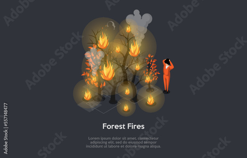 Concept Of Forest Fire, Natural Disaster, Bushfire Catastrophe, Climate Change. Wildfire Specifically Identified as Desert Fire. Shocked Man Holding His Head. Isometric 3d Cartoon Vector Illustration