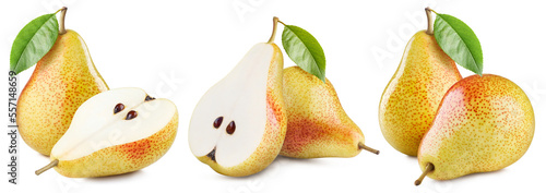 Bild auf Leinwand Collection of delicious pears with leaves, isolated on white background
