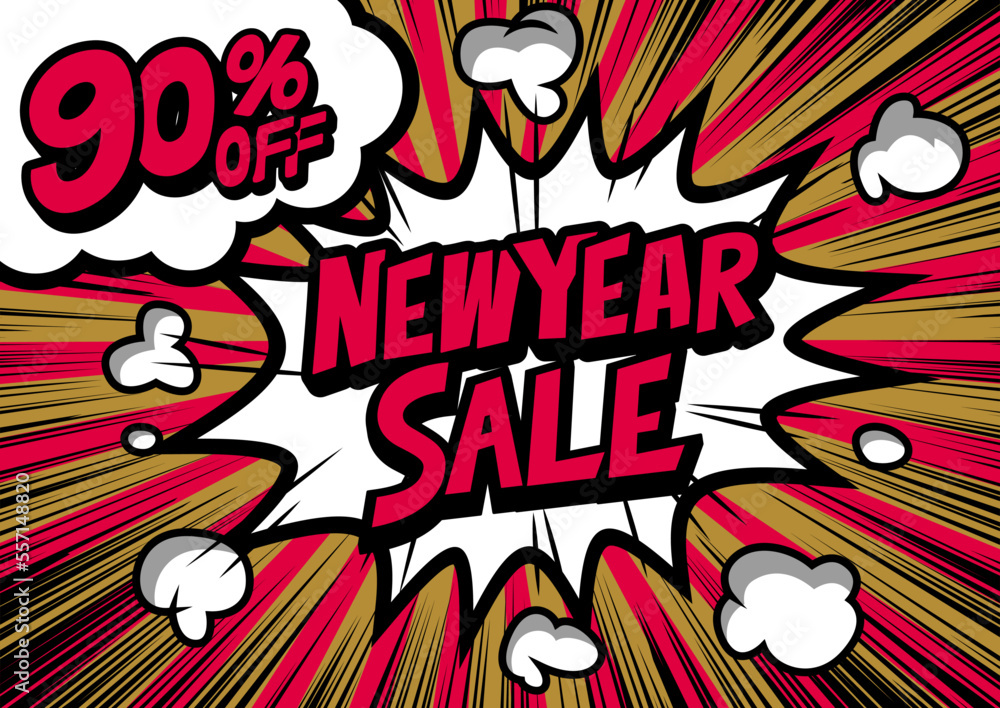 90%off New Year Sale retro typography pop art background, an explosion in comic book style.