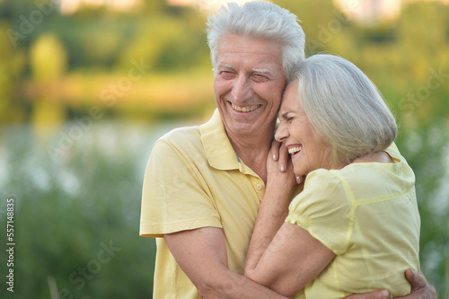  elderly couple walks in nature in summer