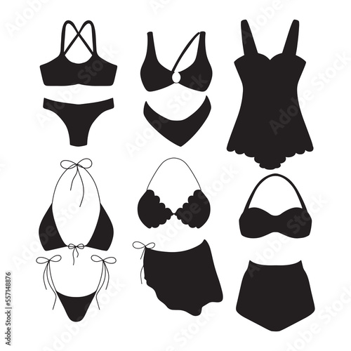 Vector illustration graphics set of different silhouettes bikini swimwear icons stickers vacation