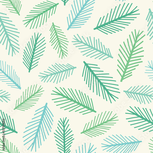 Leaf vector pattern background. Seamless repeat design of hand drawn green pine leaves. 
