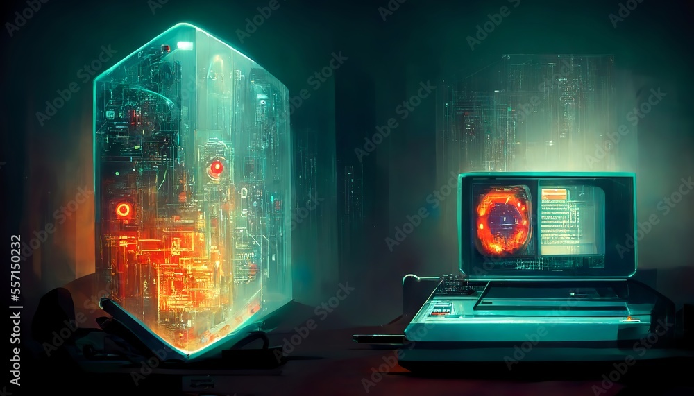 Modern concept of a futuristic and retro computer in a room desing illustration