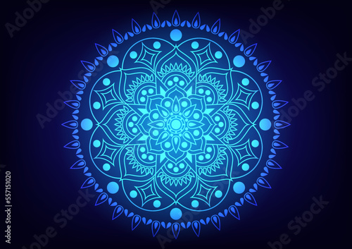 Mandala flower circle center light blue neon background
