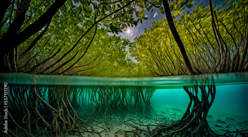 Mangrove trees roots, above and below the water in the Caribbean sea.	 photo