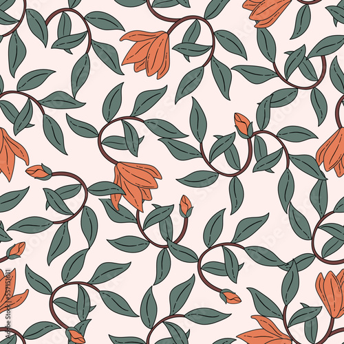 Art nouveau inspired botanical seamless pattern with flower and leaf elements. Boho retro background pattern for fabric, wrapping paper, wallpaper etc.
