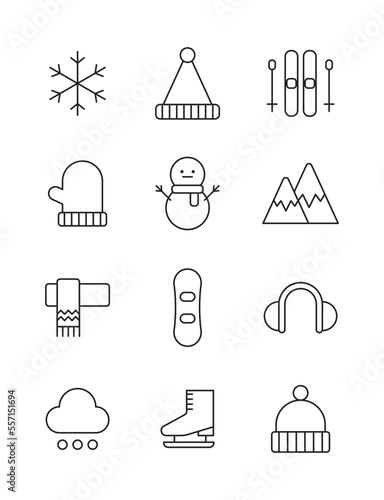 Winter concept simple line icon set. Snowman, snow, gloves, ice, hat, ski, mountain, snow mountain, board, earplugs, cloud, skates, scarf.
