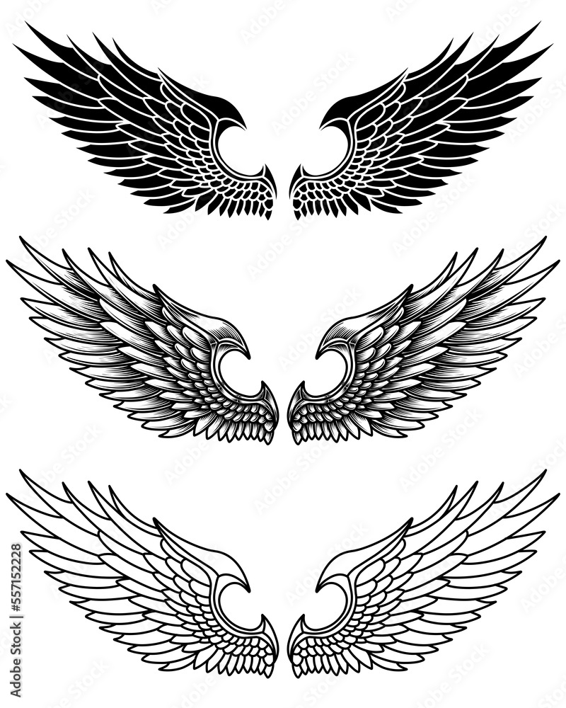 Fototapeta premium vector set of wings or angel wings tribal tattoo vintage outline and line art