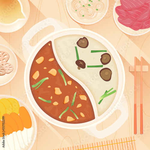 Asian hot pot with two differente soup and different ingredients