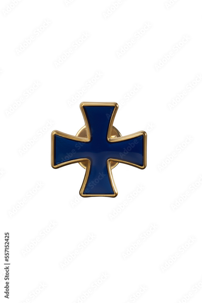 Fototapeta premium Close-up shot of a lapel pin in a blue cross form with a gold trim. An enamel lapel cross pin with a butterfly clutch is isolated on a white background. Front view.