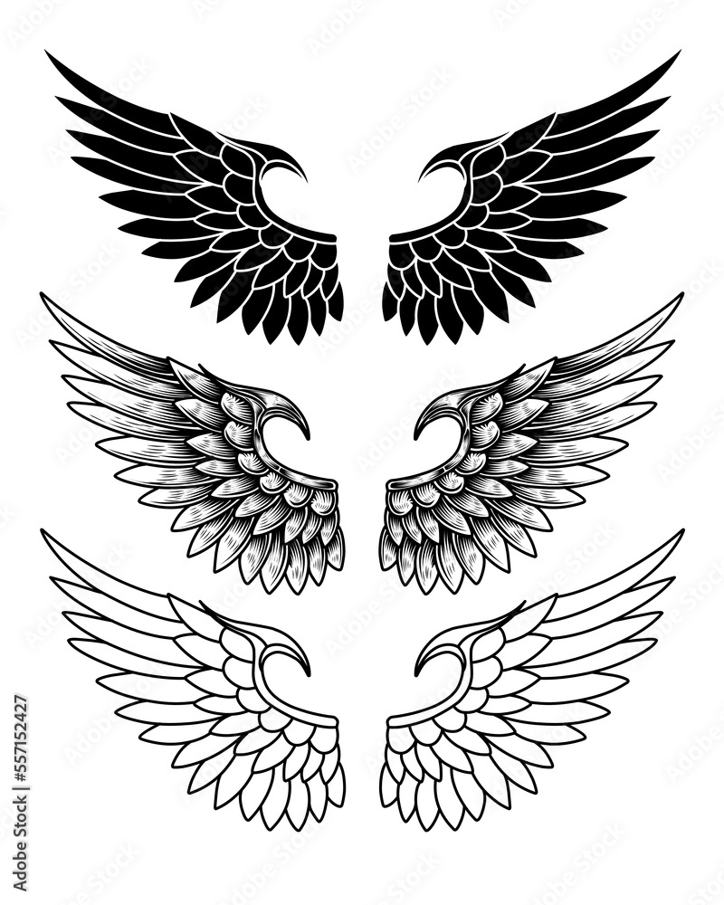 Obraz premium vector set of wings or angel wings tribal tattoo vintage outline and line art