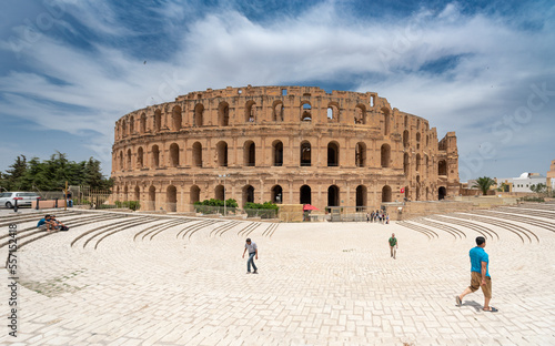 Amphitheatre of El Jem in Tunisia. Amphitheatre is in the modern-day city of El Djem, Tunisia, formerly Thysdrus in the Roman province of Africa. photo
