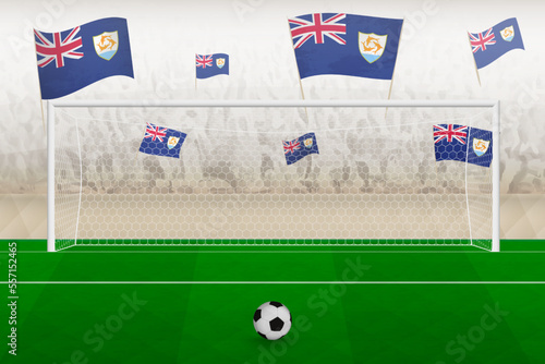Anguilla football team fans with flags of Anguilla cheering on stadium, penalty kick concept in a soccer match.