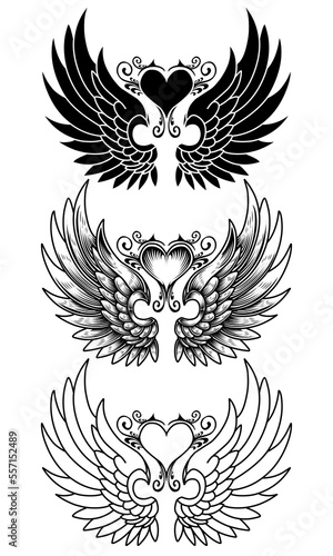 vector set of wings or angel wings tribal tattoo vintage outline and line art