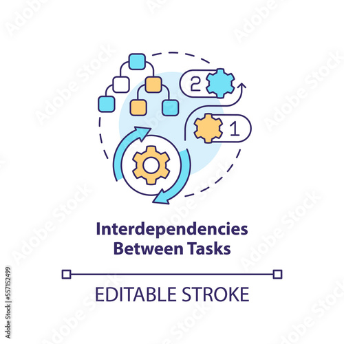Interdependencies between tasks concept icon. Project plan includes abstract idea thin line illustration. Isolated outline drawing. Editable stroke. Arial, Myriad Pro-Bold fonts used